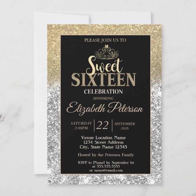 Invitación Gold Tiara Silver Gold Glitter Bokeh Sweet 16 (Anverso)