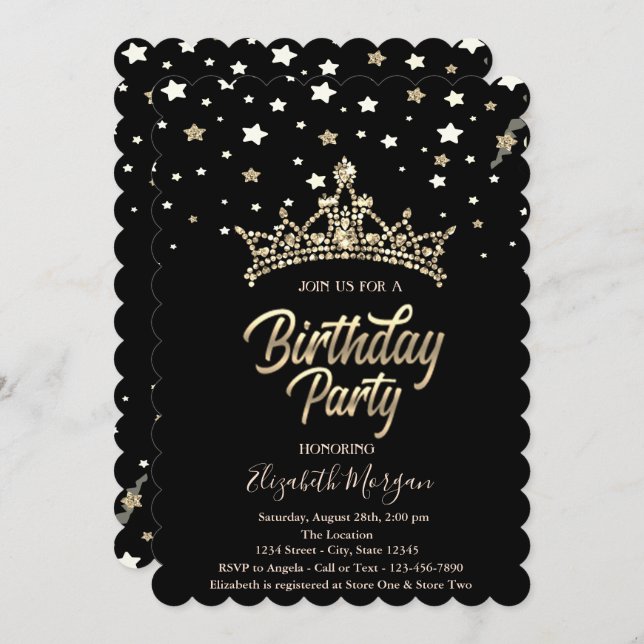 Invitación Gold Tiara Stars Black Birday Party (Anverso / Reverso)