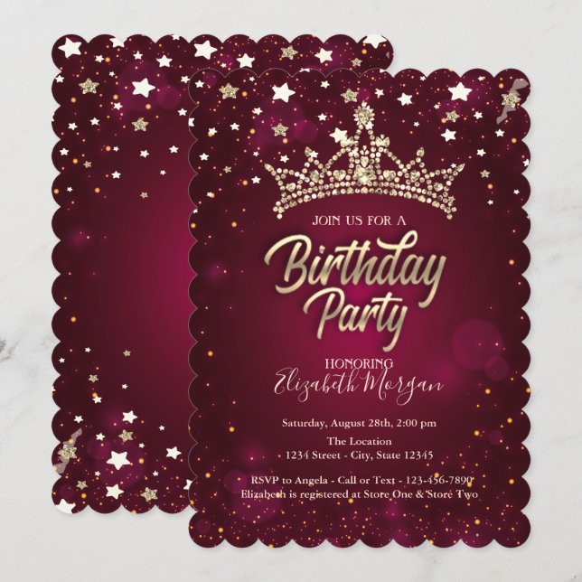 Invitación Gold Tiara Stars Red Birday Party (Anverso / Reverso)