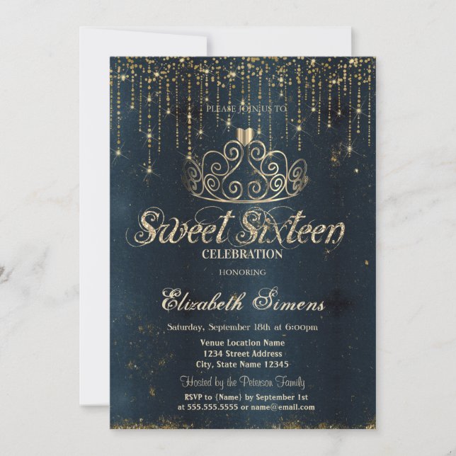 Invitación Gold Tiara String Lights Blue Princess Sweet 16 (Anverso)