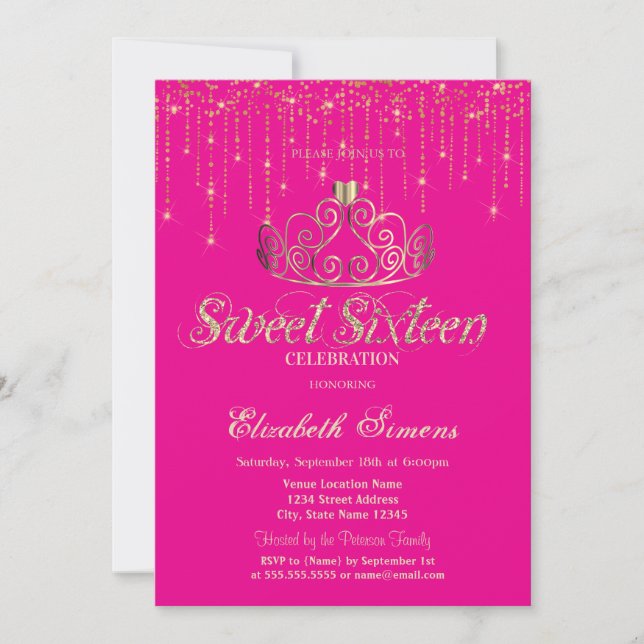 Invitación Gold Tiara String Lights Princess Pink Sweet 16 (Anverso)