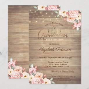 Invitación Gold Tiara, String Luces Madera Floral Quinceañera