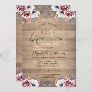 Invitación Gold Tiara, String Luces Rosas Wood Quinceañera