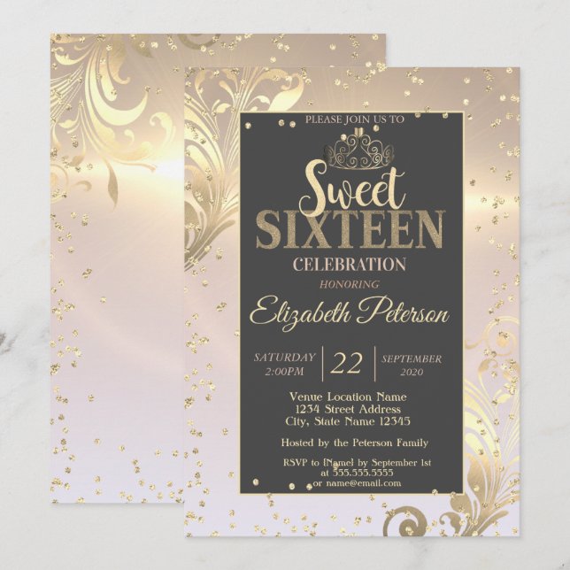 Invitación Gold Tiara Sweet Diamonds 16 Fiesta (Anverso / Reverso)