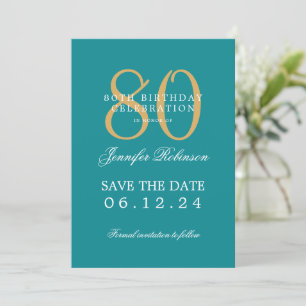 Invitación Gold Turquoise 80th Birthday Save the Date Details