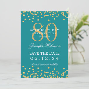 Invitación Gold Turquoise 80th Birthday Save the Date Details