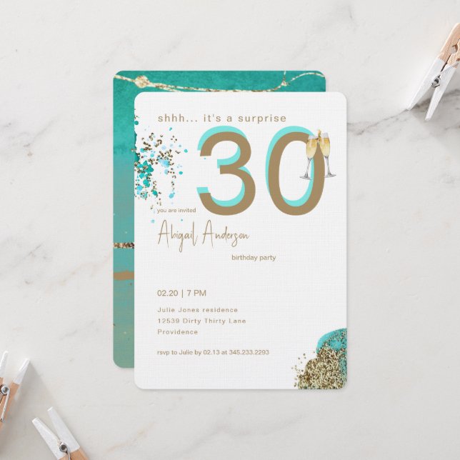 Invitación Gold & Turquoise Glam Surprise 30th Birthday Party (Anverso/Reverso In Situ)