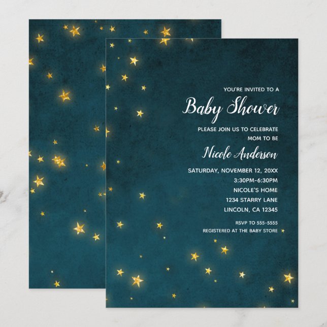 Invitación Gold Twinkle Stars Celestial Sky Baby Shower (Anverso / Reverso)