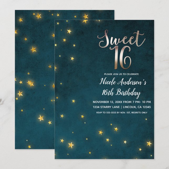 Invitación Gold Twinkle Stars Celestial Sky Sweet 16 Fiesta (Anverso / Reverso)