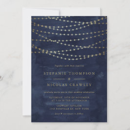 Invitación Gold Twinkle String Lights Watercolor Blue Boda