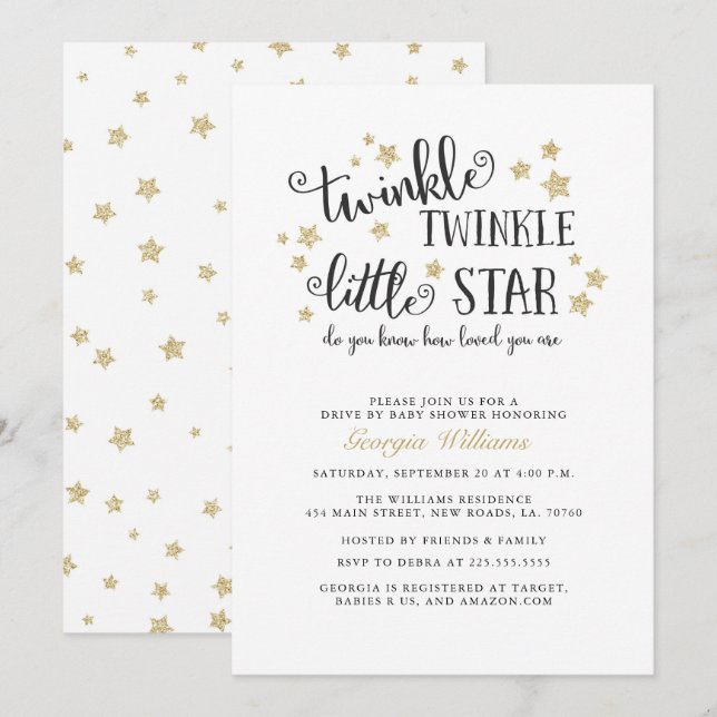 Invitación Gold Twinkle Twinkle Drive De Baby Shower (Anverso / Reverso)