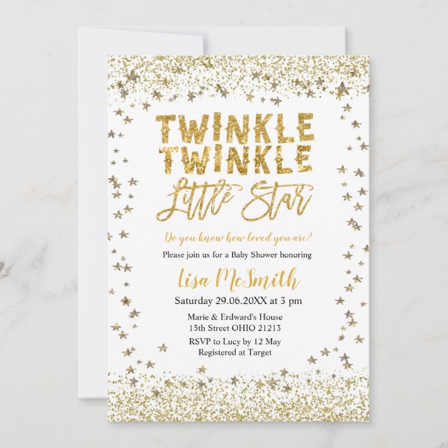 Invitación Gold Twinkle Twinkle Little Star Baby Shower (Anverso)