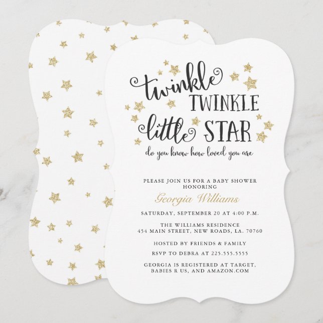 Invitación Gold Twinkle Twinkle Little Star Baby Shower (Anverso / Reverso)