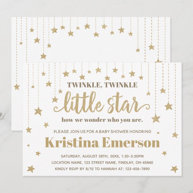 Invitación Gold Twinkle Twinkle Little Star Baby Shower (Anverso / Reverso)