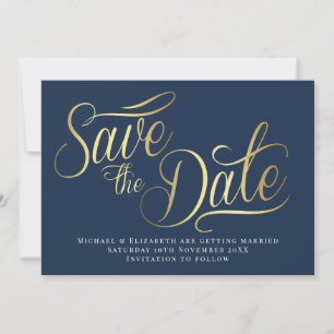 Invitación Gold Typo Modern Blue Save The Date Card