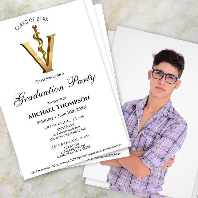 Invitación Gold Veterinary Caduceus Graduation Party | Photo (Subido por el creador)