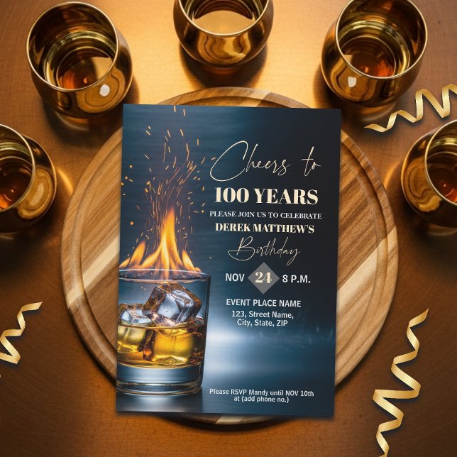 Invitación Gold Whiskey Theme Men 100th Birthday Party (Subido por el creador)