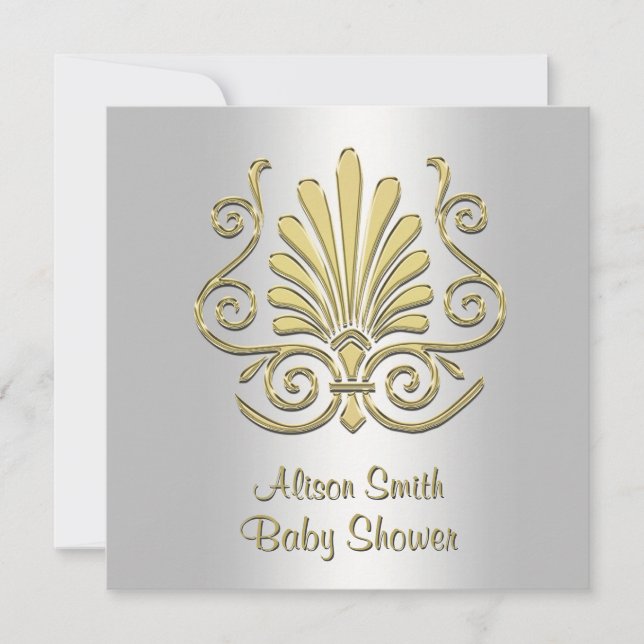 Invitación Gold White Art Deco Damask Baby Shower 2 (Anverso)
