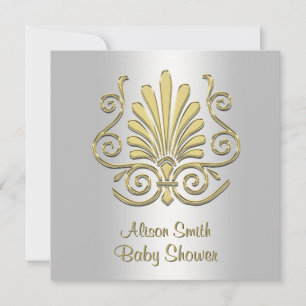Invitación Gold White Art Deco Damask Baby Shower 2