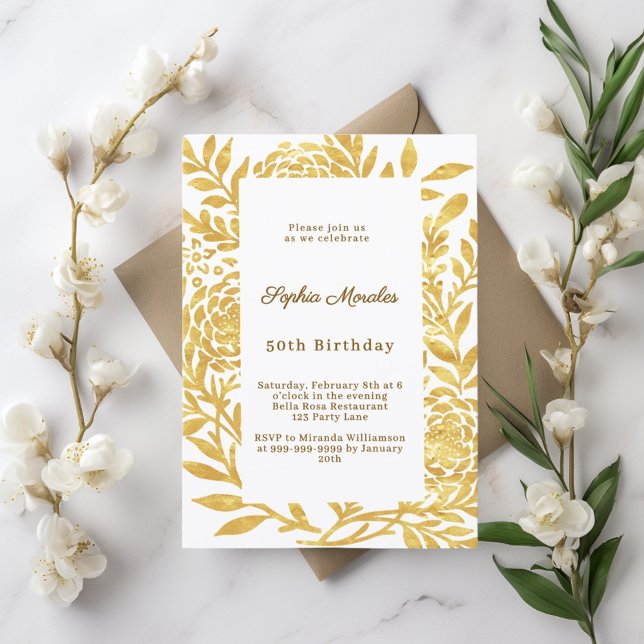 Invitación Gold white botanical birthday (Subido por el creador)