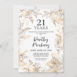 Invitación Gold White Floral 21st Birthday Party Invitation<br><div class="desc">Elegant gold line art roses and leaves surround your 21st birthday party details.</div>