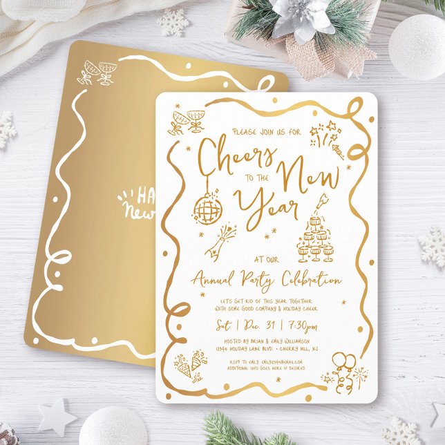 Invitación Gold White New Year Cheer Hand Drawn Sketch Party (Subido por el creador)