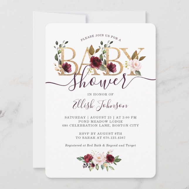 Invitación Gold Wine Burgundy Floral Baby Shower (Anverso)