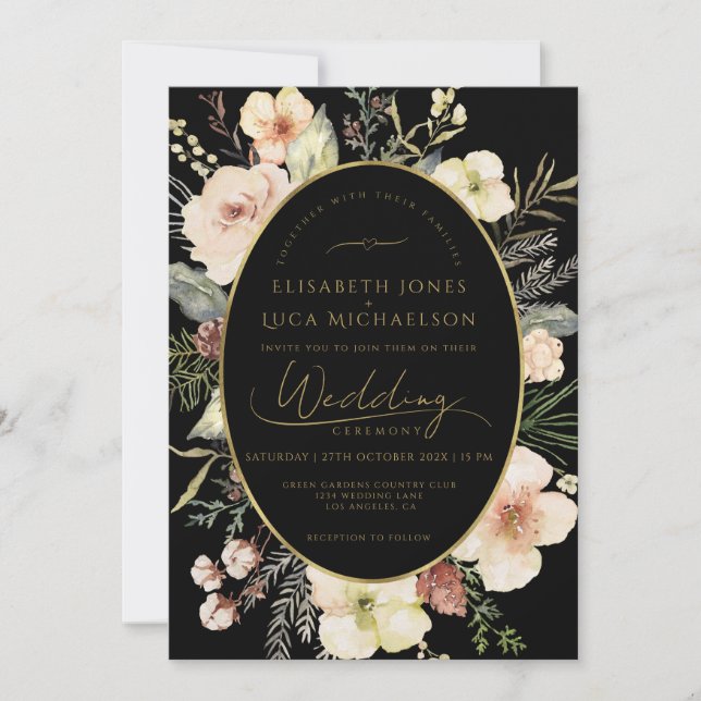 Invitación Gold Winter Black Flora Botanical Monogram Wedding (Anverso)