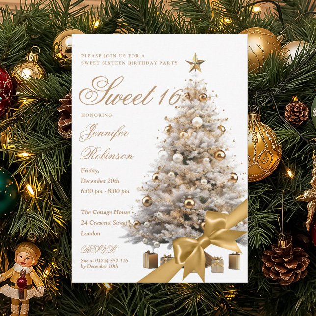 Invitación Gold Winter Wonderland Bow Sweet 16 Birthday Party (Gold Winter Wonderland Bow Sweet 16 Birthday Party Invitation)