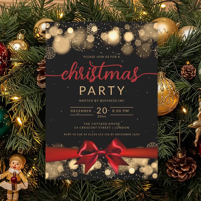 Invitación Gold Winter Wonderland Company Xmas Red Ribbon (Gold Winter Wonderland Company Xmas Red Ribbon Invitation)