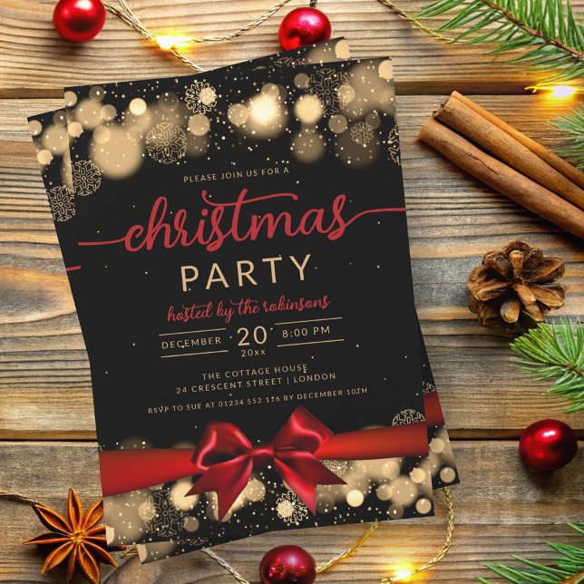 Invitación Gold Winter Wonderland Family Xmas Red Ribbon (Gold Winter Wonderland Family Xmas Red Ribbon Invitation)