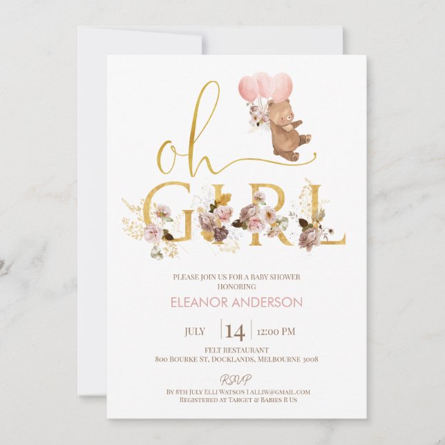 Invitación Gold Word Rubor Floral Teddy Bear Baby Shower (Anverso)