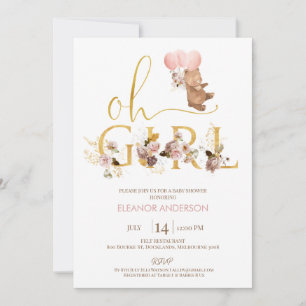 Invitación Gold Word Rubor Floral Teddy Bear Baby Shower