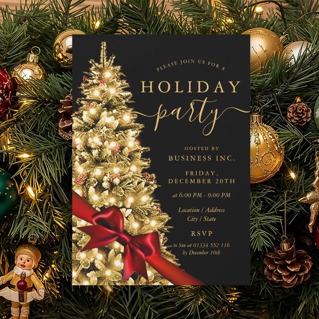 Invitación Gold Xmas Tree Red Bow Corporate Holiday Party  (Gold Xmas Tree Red Bow Corporate Holiday Party Invitation)