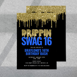Invitación Gold y Blue Drippin Swag 16 Cumpleaños