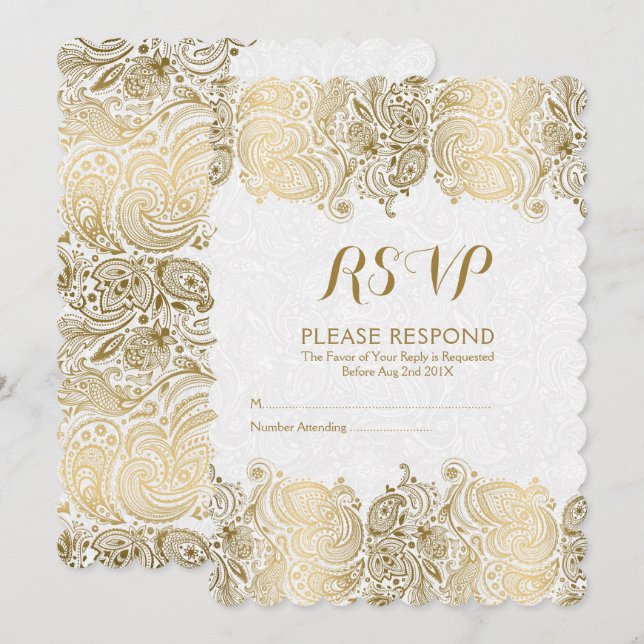 Invitación Gold y White Paisley Lace RSVP (Anverso / Reverso)