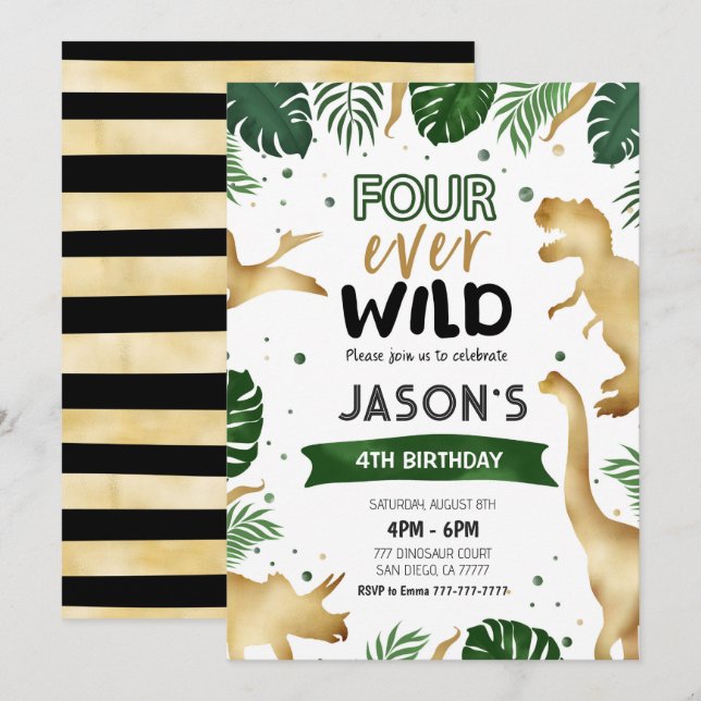 Invitación Golden 4th fiesta de cumpleaños de los dinosaurios (Anverso / Reverso)