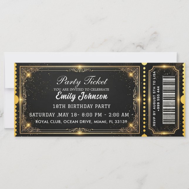 Invitación Golden Birthday Party Ticket Invitation 2026 (Anverso)