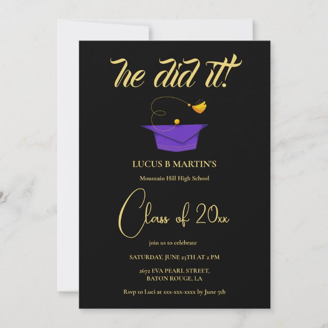 Invitación Golden Black Elegant lo hizo en la fiesta de gradu (Anverso)