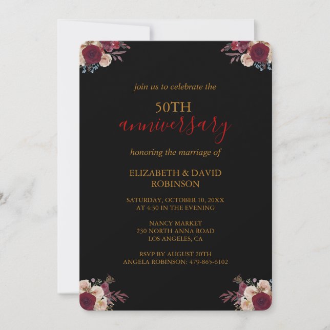 Invitación Golden Black elegante 50° aniversario del boda (Anverso)