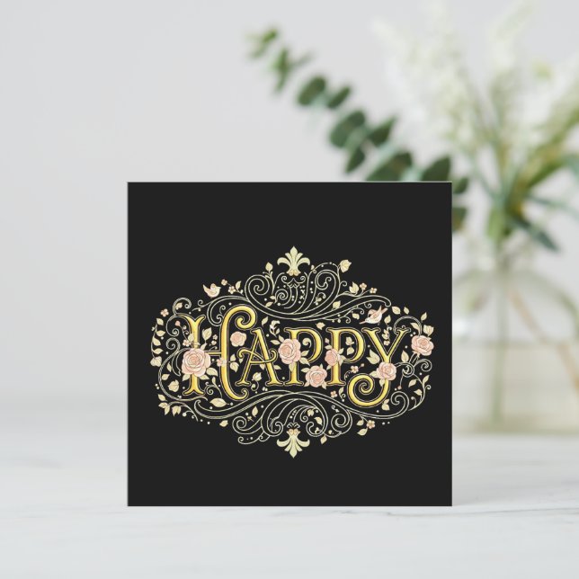 Invitación Golden Bliss: Elegant Floral Happy (Anverso de pie)