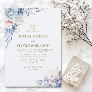 Invitación Golden Bloom: Blue & White Floral Wedding