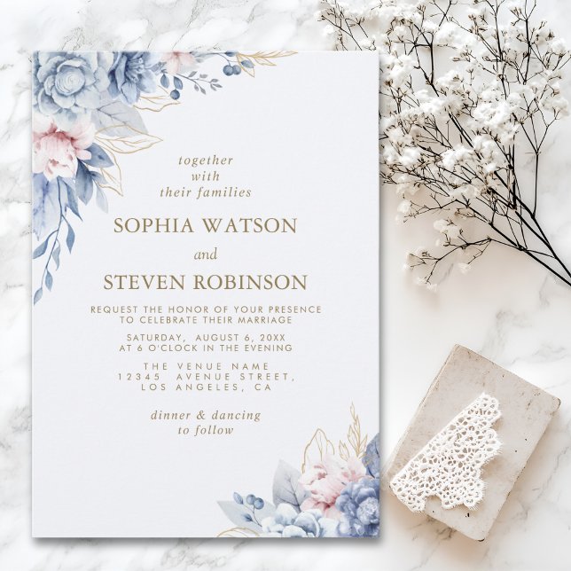 Invitación Golden Bloom: Blue & White Floral Wedding (Subido por el creador)