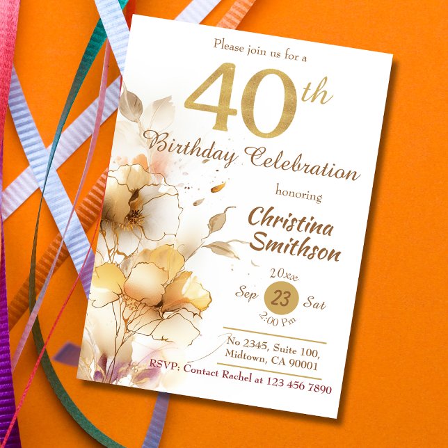 Invitación Golden Bloom - floral elegante y moderno 40 cumple (Subido por el creador)