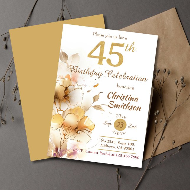 Invitación Golden Bloom - floral elegante y moderno 45º cumpl (Subido por el creador)