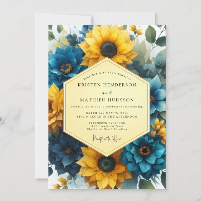 Invitación Golden Blue Floral Romance Wedding (Anverso)
