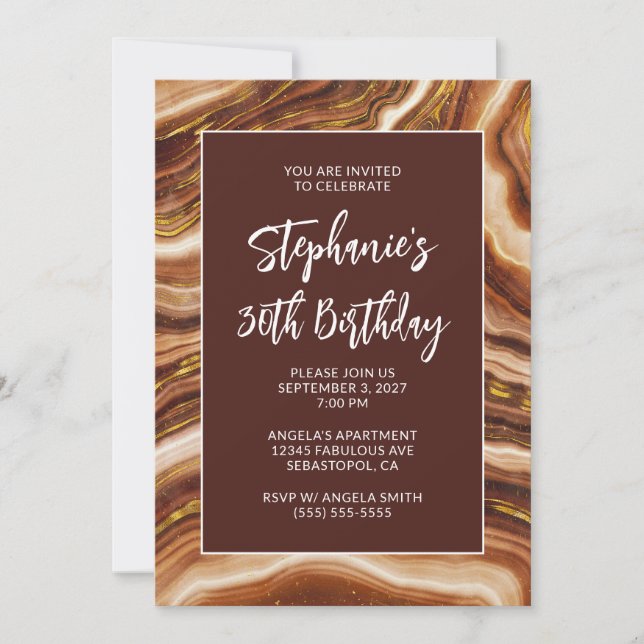 Invitación Golden Brown Faux Agate Negrita 30 cumpleaños (Anverso)