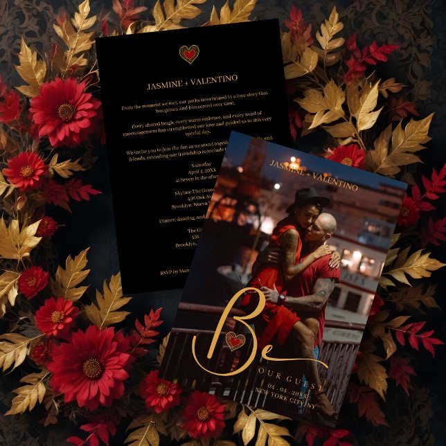 Invitación Golden Charm Heart in Red Custom Photo Wedding (Golden Charm Heart in Red Custom Photo Wedding Invitation Card with Envelope.)