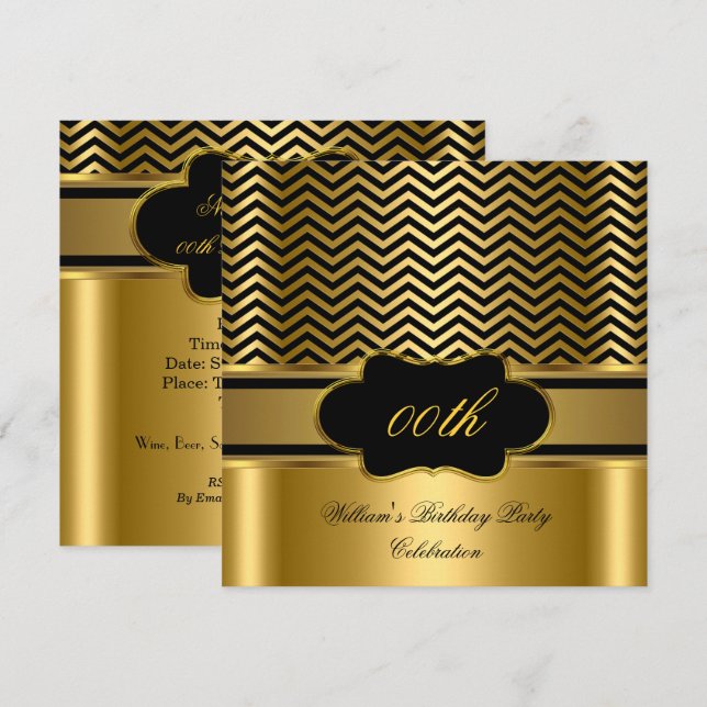 Invitación Golden Chevron Gold Black Stripe Birday Party (Anverso / Reverso)