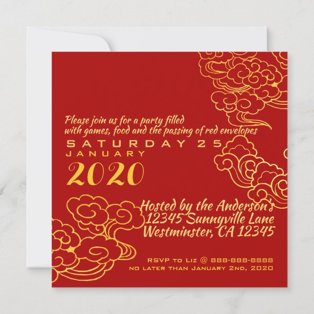 Invitación Golden Chinese Paper-cut Rat Year 2020 SFC (Reverso)
